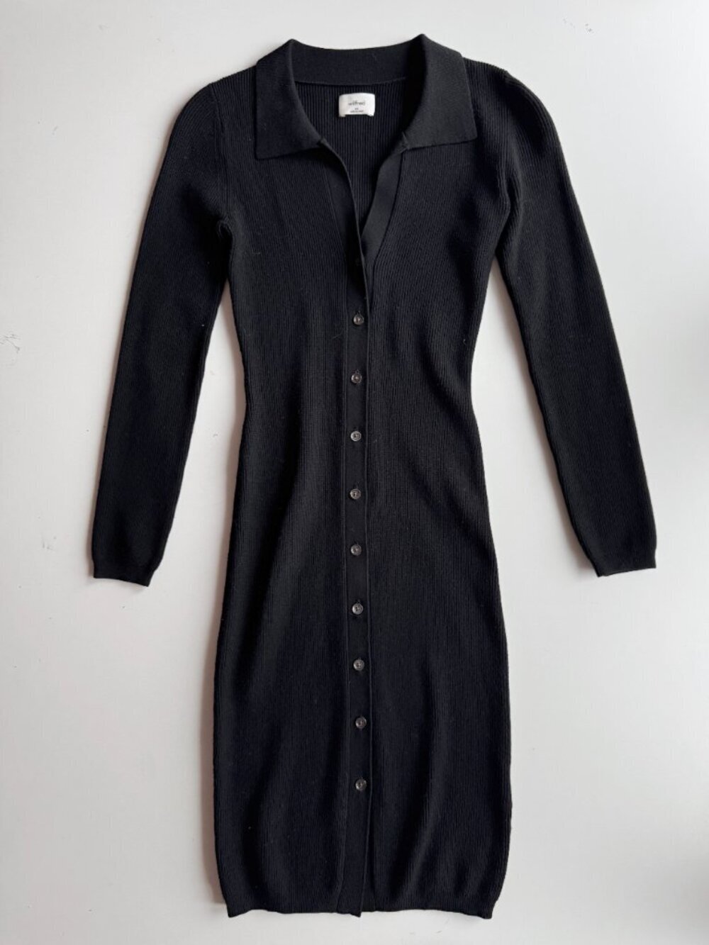 Aritzia WILFRED Cove Black Ribbed Knit V-Neck Long Sleeve Sweater Dress, Size XS - Picture 5 of 16